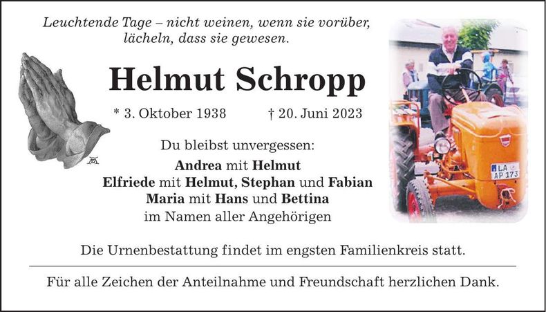 Traueranzeige Helmut Schropp