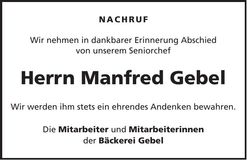 Traueranzeige Manfred Gebel