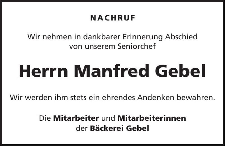 Traueranzeige Manfred Gebel