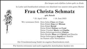 Traueranzeige Christa Schmatz