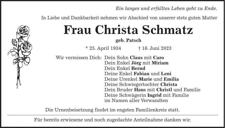 Traueranzeige Christa Schmatz