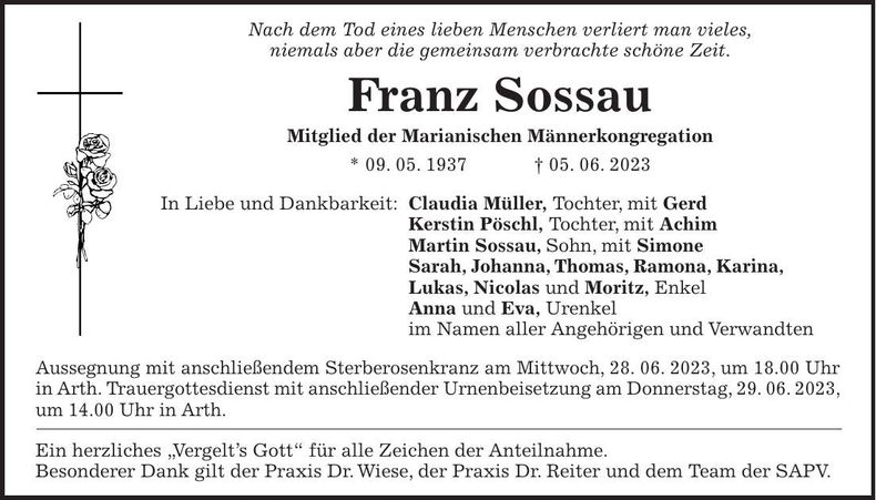 Traueranzeige Franz Sossau