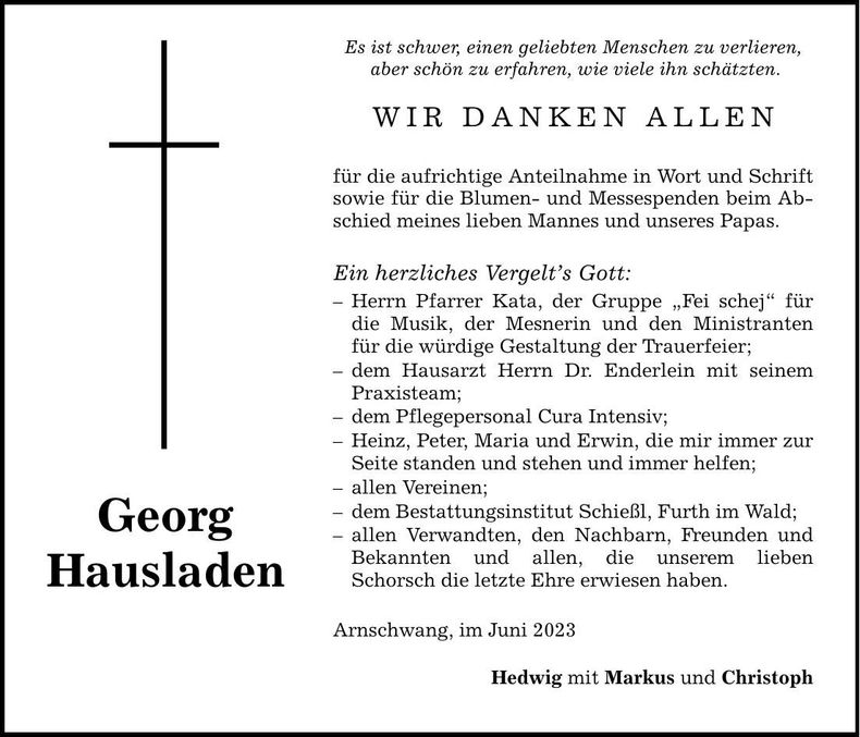 Traueranzeige Georg Hausladen