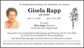 Traueranzeige Gisela Rapp