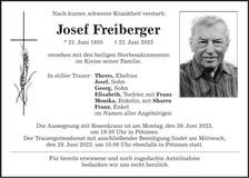 Traueranzeige Josef Freiberger