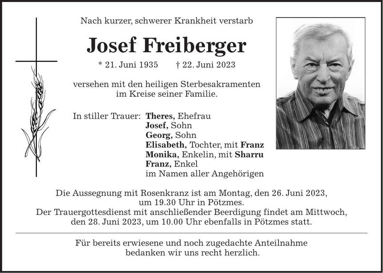Traueranzeige Josef Freiberger