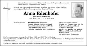 Traueranzeige Anna Edenhofer