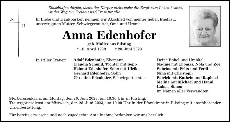 Traueranzeige Anna Edenhofer