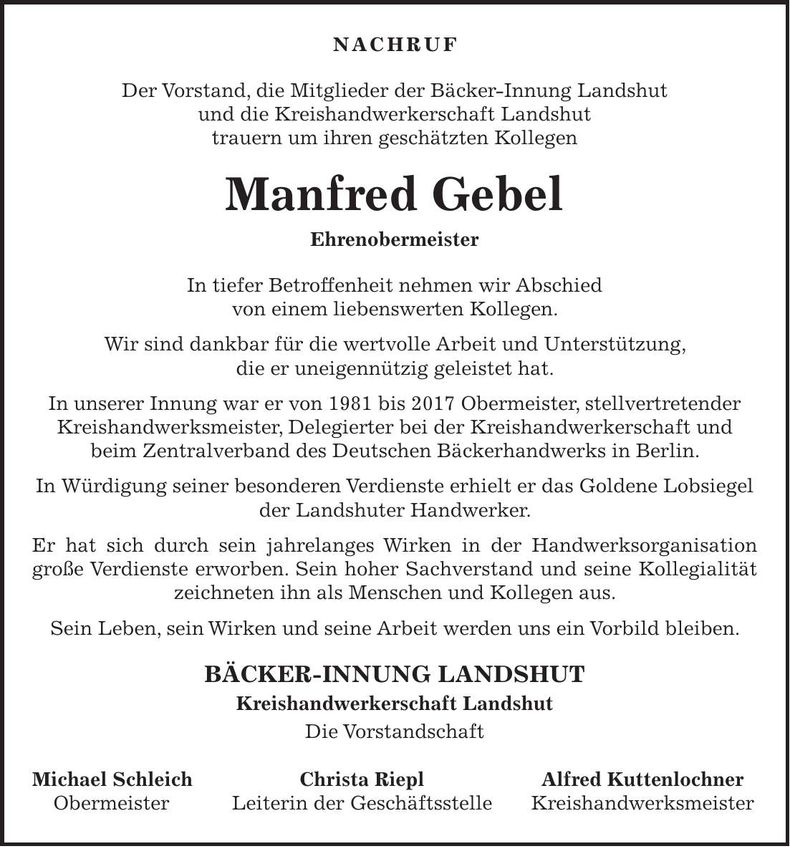 Traueranzeige Manfred Gebel