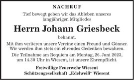 Traueranzeige Johann Griesbeck