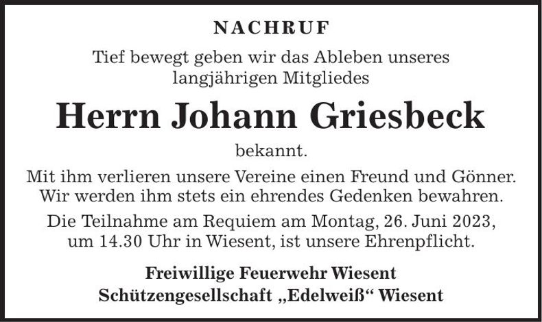Traueranzeige Johann Griesbeck