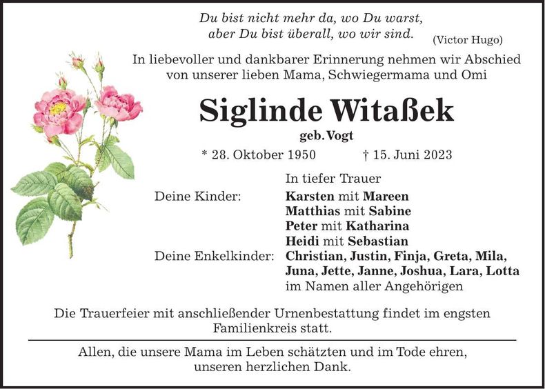 Traueranzeige Siglinde Witaßek