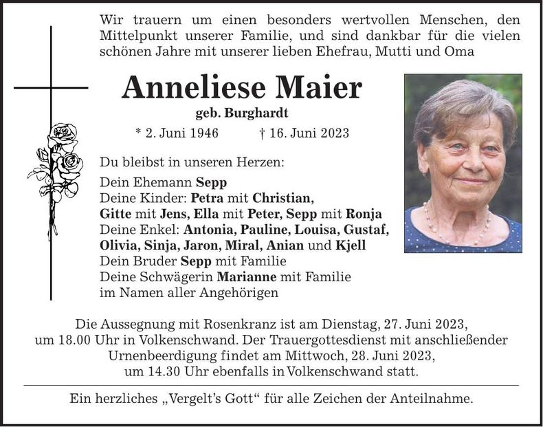 Traueranzeige Anneliese Maier