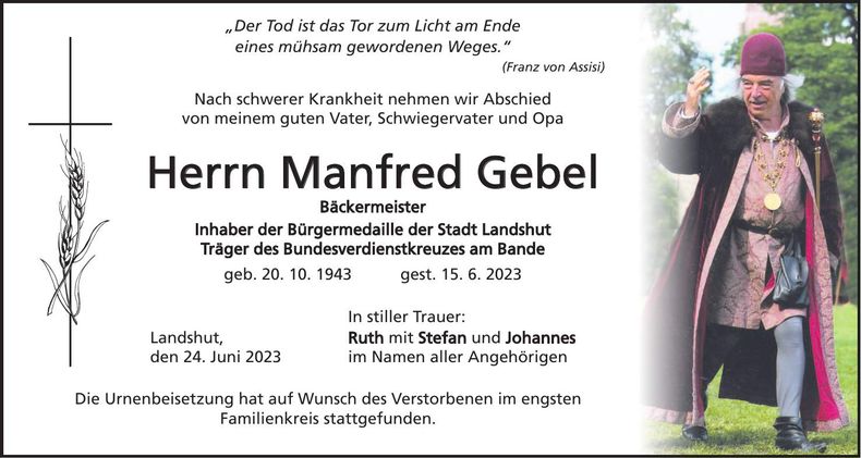Traueranzeige Manfred Gebel