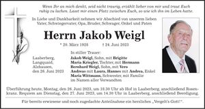 Traueranzeige Jakob Weigl
