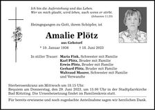 Traueranzeige Amalie Plötz