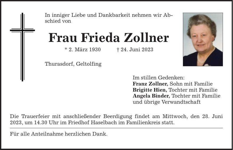Traueranzeige Frieda Zollner