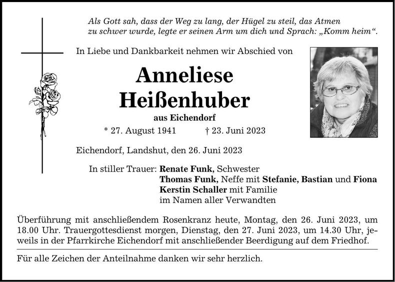 Traueranzeige Anneliese Heißenhuber