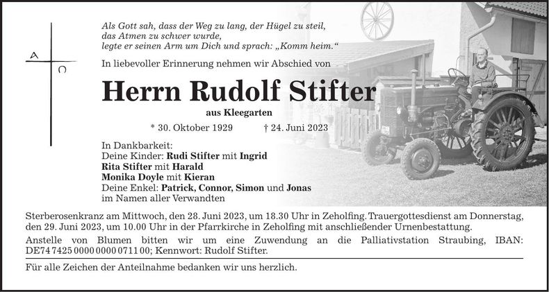Traueranzeige Rudolf Stifter
