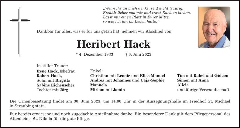 Traueranzeige Heribert Hack