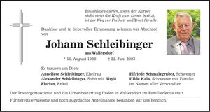 Traueranzeige Johann Schleibinger
