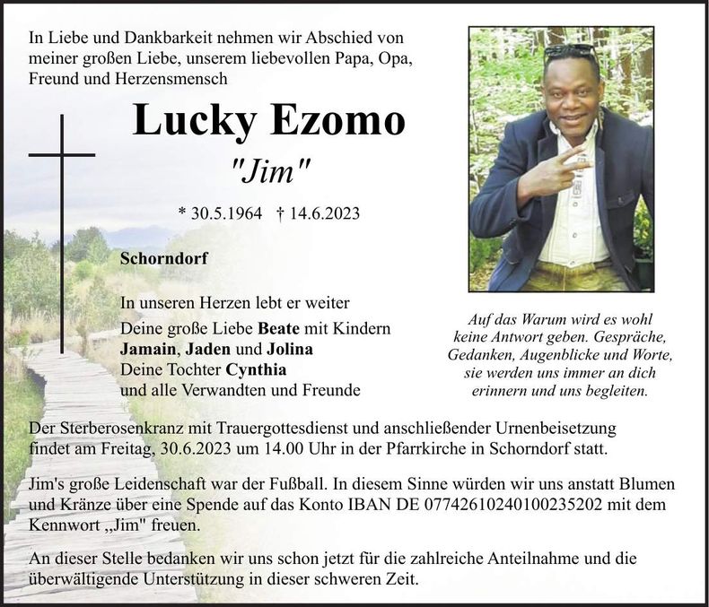 Traueranzeige Lucky Ezomo