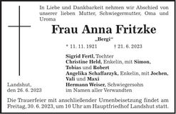 Traueranzeige Anna Fritzke
