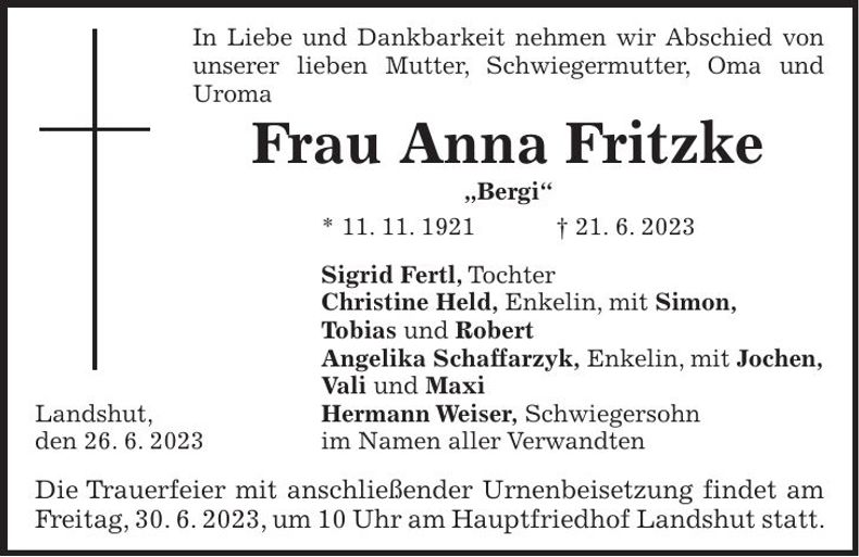 Traueranzeige Anna Fritzke