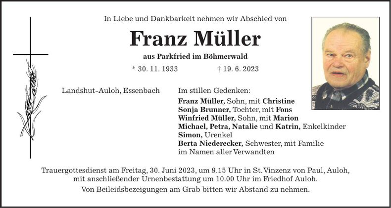 Traueranzeige Franz Müller