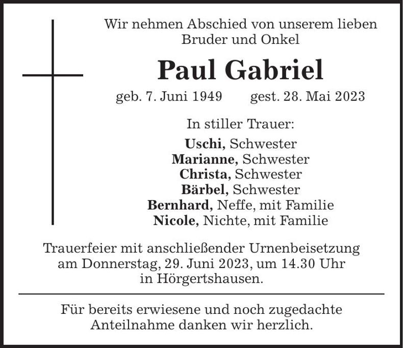 Traueranzeige Paul Gabriel