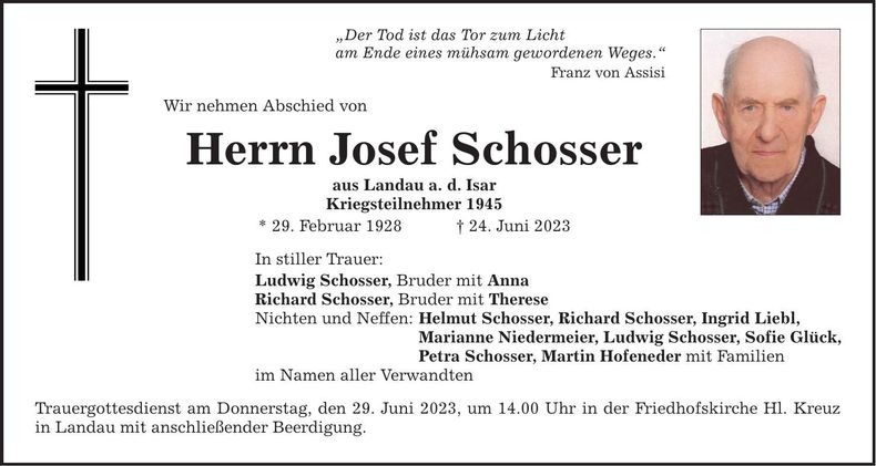 Traueranzeige Josef Schosser