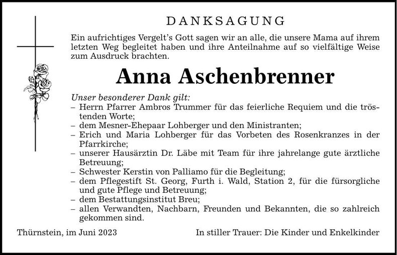 Traueranzeige Anna Aschenbrenner