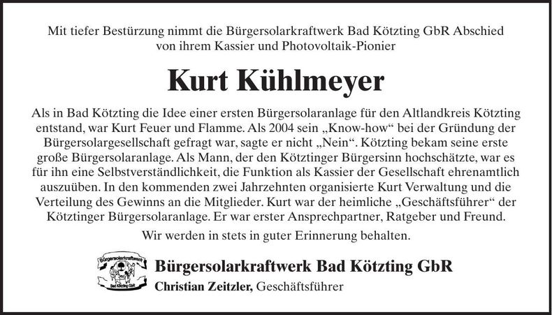 Traueranzeige Kurt Kühlmeyer