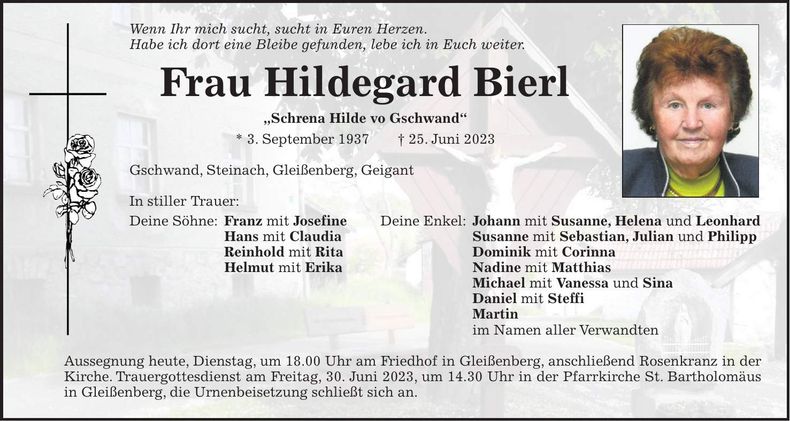 Traueranzeige Hildegard Bierl