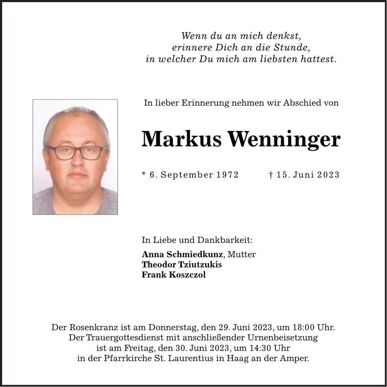 Traueranzeige Markus Wenninger
