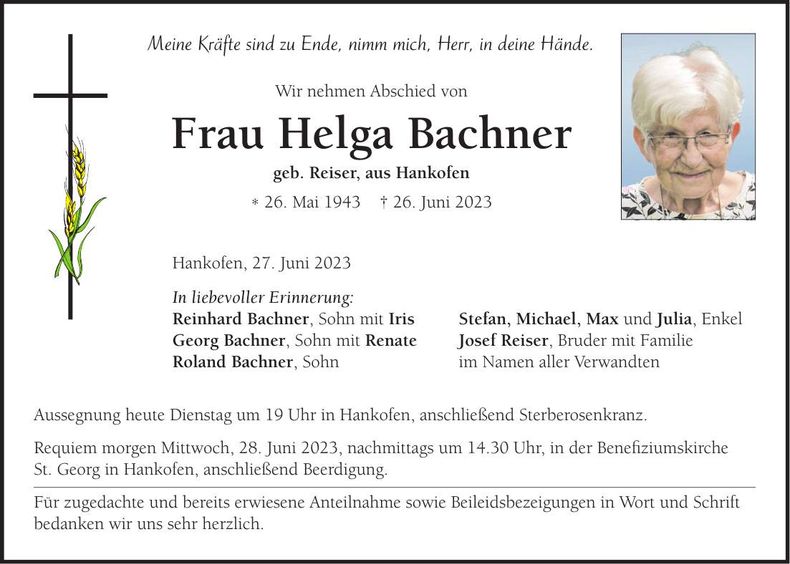 Traueranzeige Helga Bachner