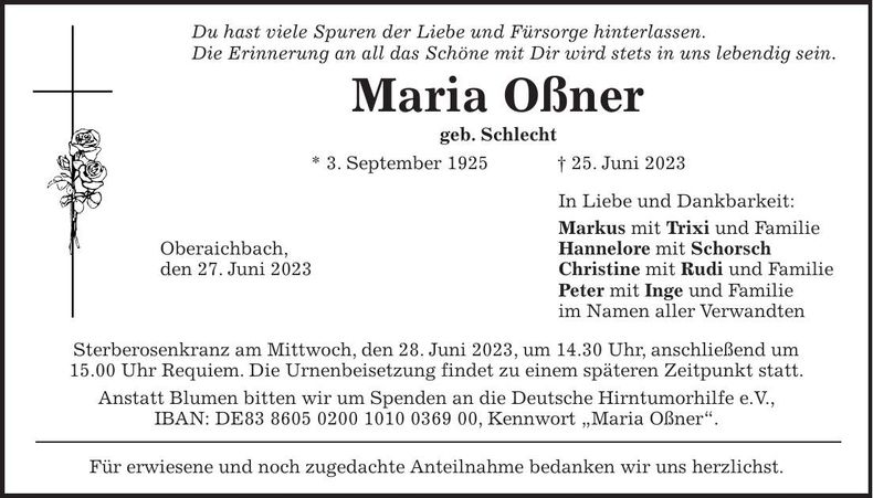 Traueranzeige Maria Oßner
