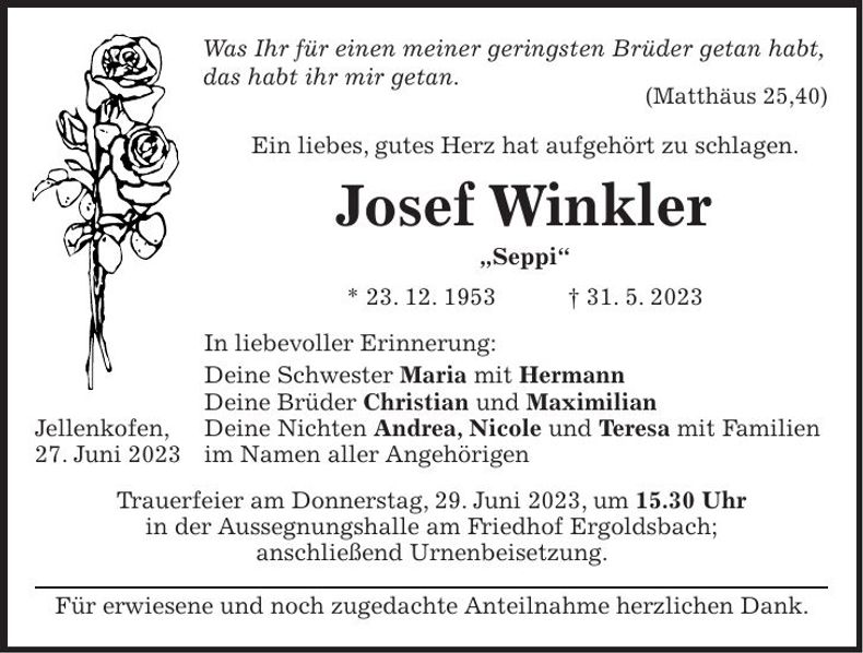 Traueranzeige Josef Winkler