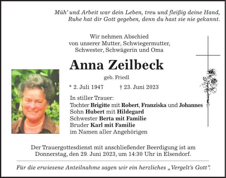 Traueranzeige Anna Zeilbeck