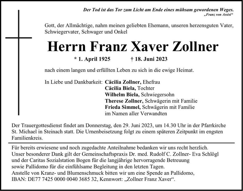 Traueranzeige Franz Xaver Zollner