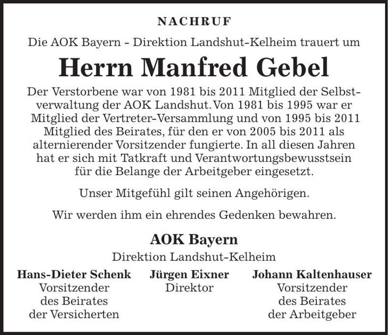 Traueranzeige Manfred Gebel