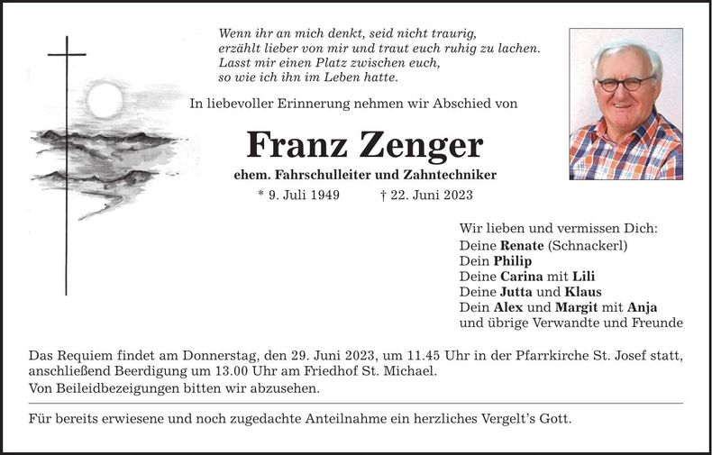 Traueranzeige Franz Zenger