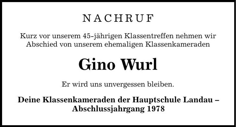Traueranzeige Gino Wurl