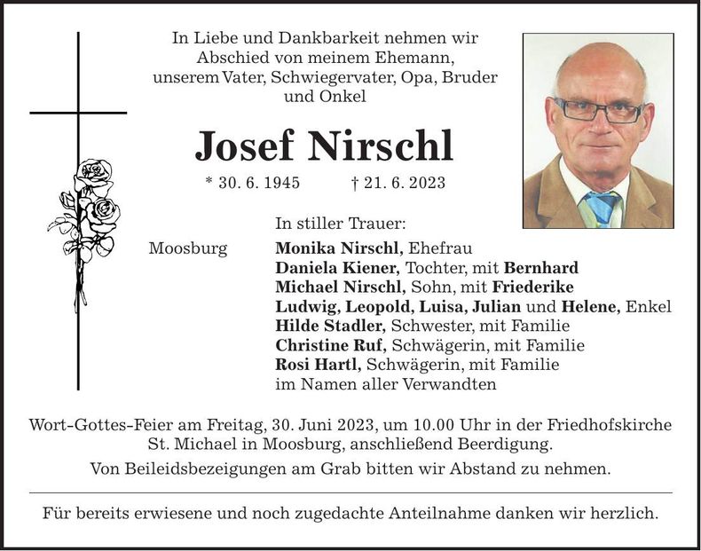 Traueranzeige Josef Nirschl