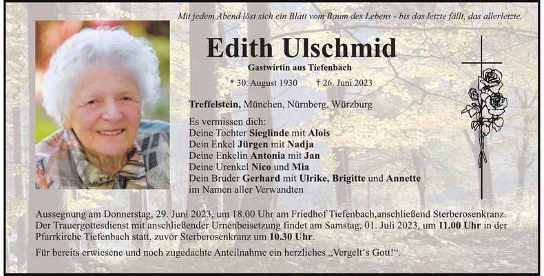 Traueranzeige Edith Ulschmid