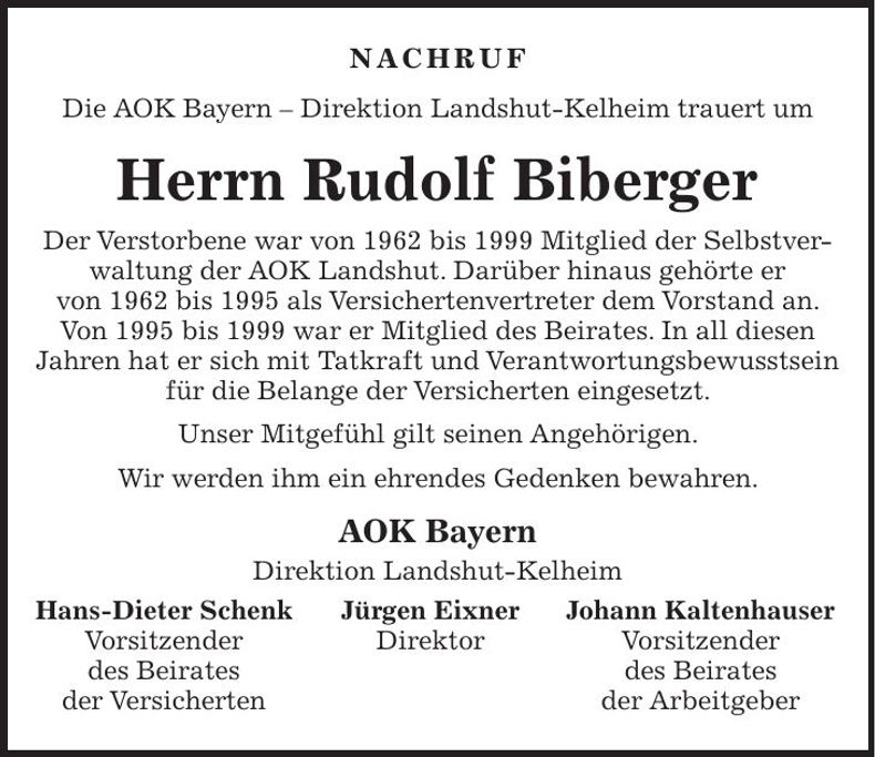 Traueranzeige Rudolf Biberger