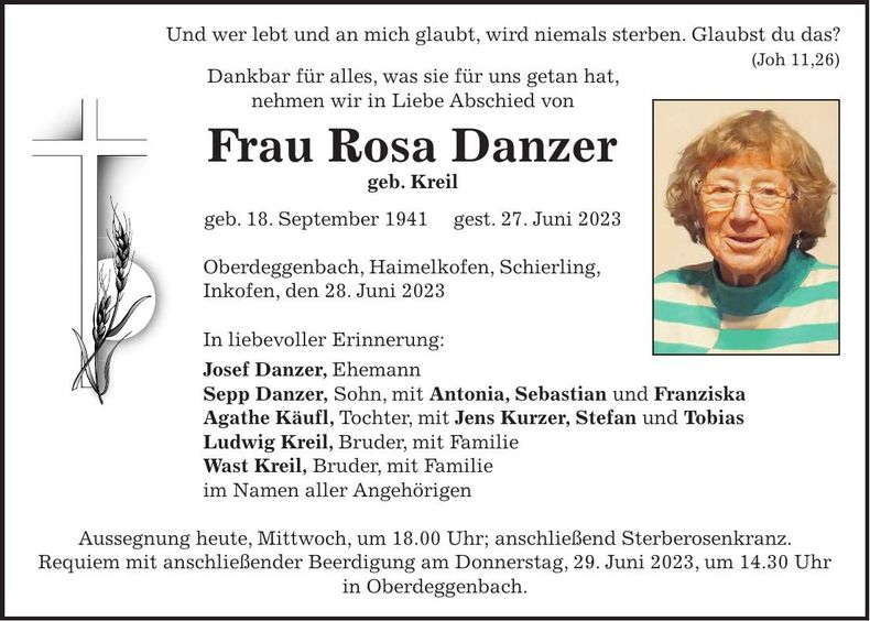 Traueranzeige Rosa Danzer