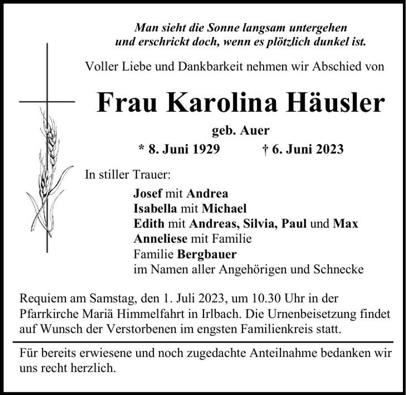 Traueranzeige Karolina Häusler