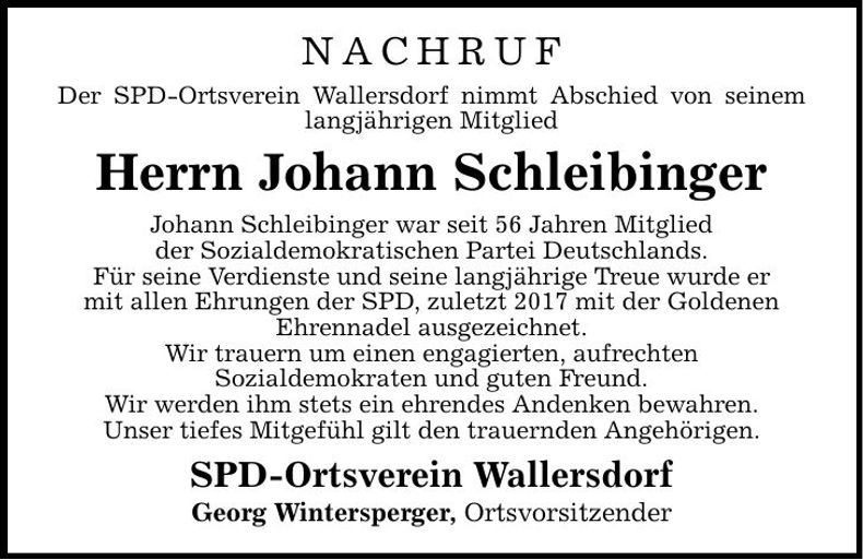 Traueranzeige Johann Schleibinger