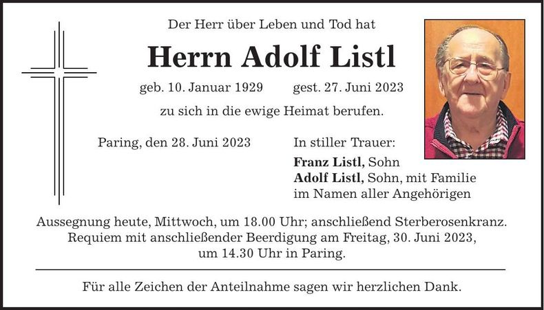 Traueranzeige Adolf Listl